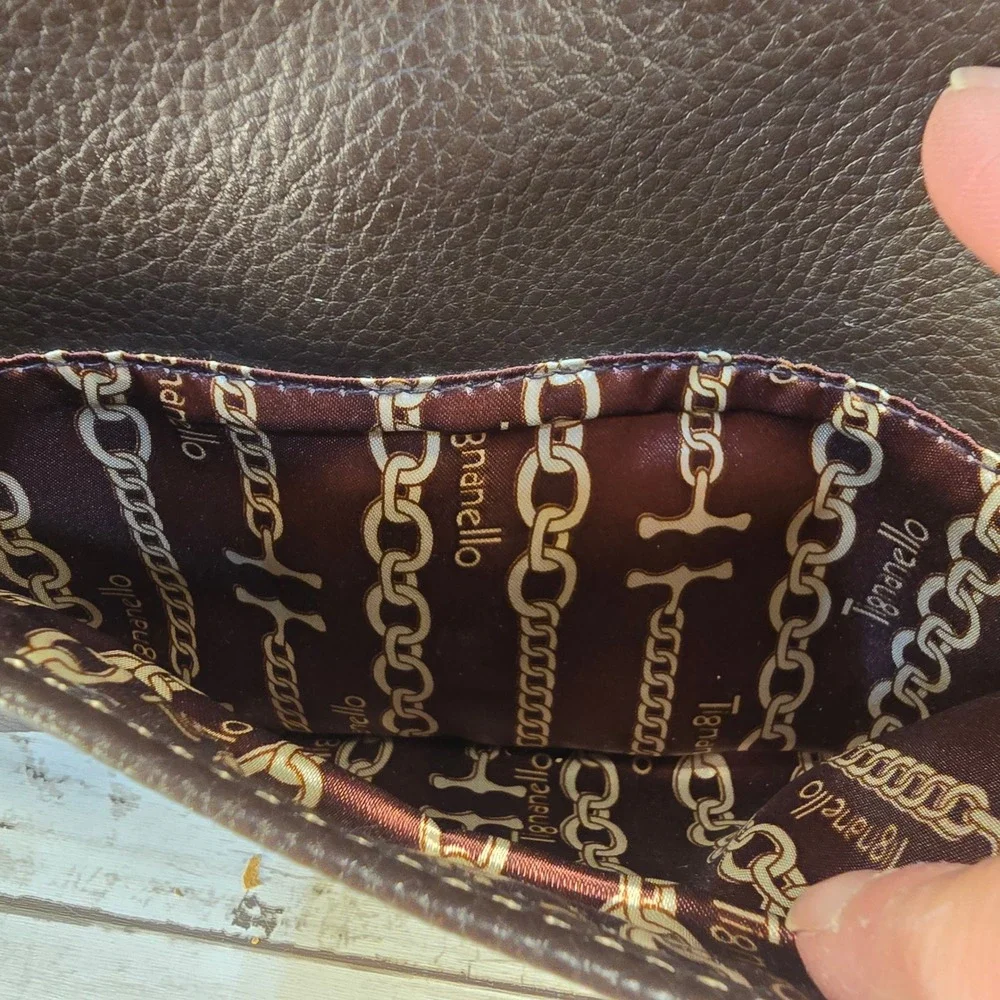 Tignanello Dark Brown Pebbled Leather Crossbody‎ Bag Organizer Contrast Stitch